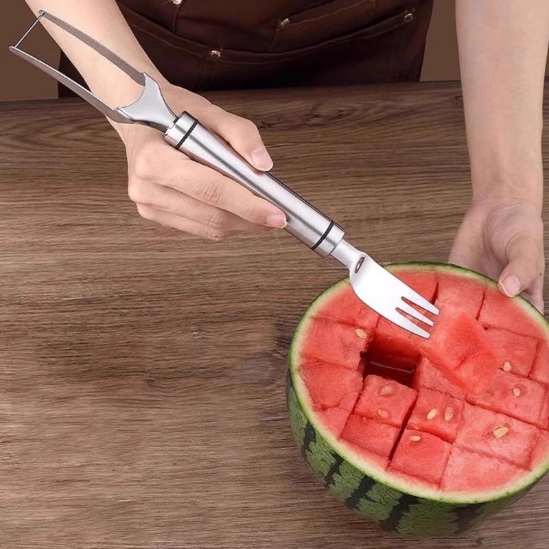 Pack of 2 Stainless Steel Duals Head Fruit Tool Efficient Watermelon Cutting Fork Ergonomic Quick Cleaning Device
