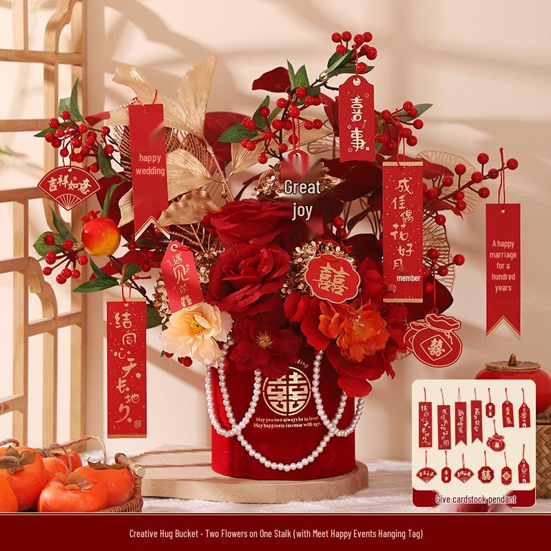 Engagement & Wedding Ornaments: Room Decor Bouquet & Double Happiness Bucket Set for Newlyweds - Ideal for Master Bedroom & Living Room.
