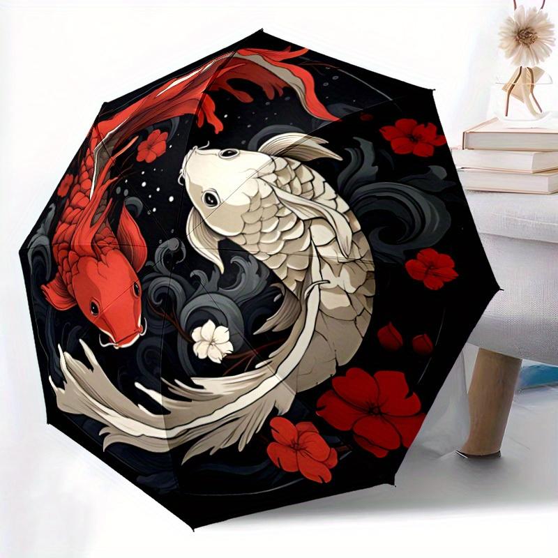 1 ud. Pez Koi Yin Yang Apertura/Cierre Automático, Paraguas Plegable Portátil para Todas las Estaciones para Mujeres y Hombres, Viajes, Uso Diario, Eventos Formales - Sombrilla Plegable Compacta de Lujo,