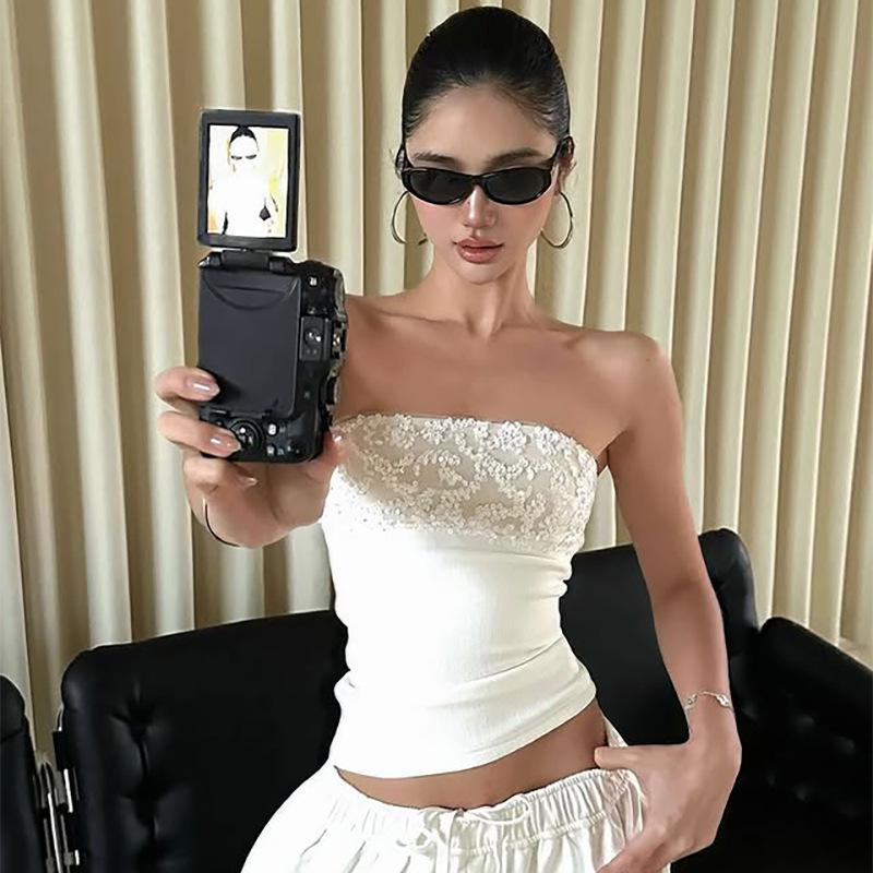 European Style 2025 White Patchwork Sequin Strapless One-Shoulder Slim Fit Sexy Summer Dress for Women S