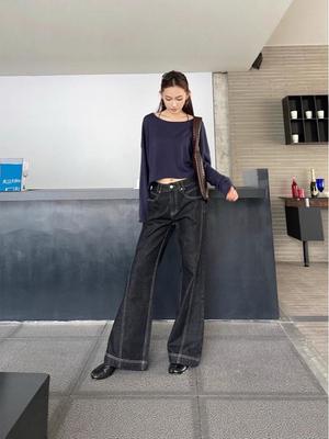 Damen High-Waist Retro Kontrastnaht Weitbeinjeans