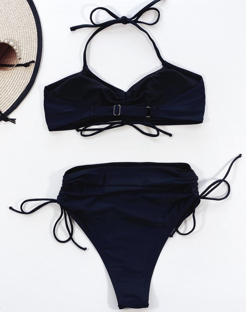 Women's Swimwear Black Sexy Halter High Waist Drawstring Side Tie Bikini Set