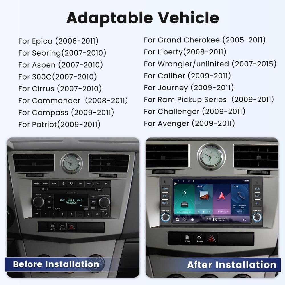 For 2Din Car Android Stereo GPS Player Ram Challenger Jeep Wrangler JK Head Unit Single Radio BT Carplay Multimedia