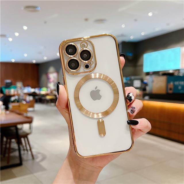 For iPhone 15 16 Pro Max Luxury Magsafe Magnetic Plating Frame Transparent Phone Case For iPhone 11 12 13 14 15 Plus Lens Cover