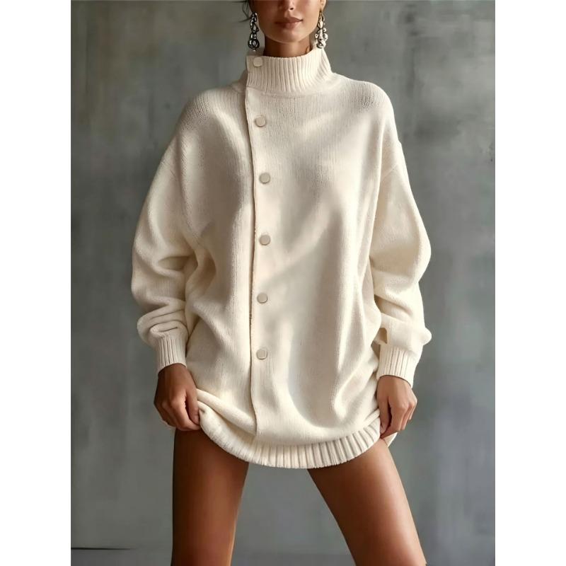 Women S High Neck Knit Cardigan Sweater Loose Fit Outerwear Autumn Winter
