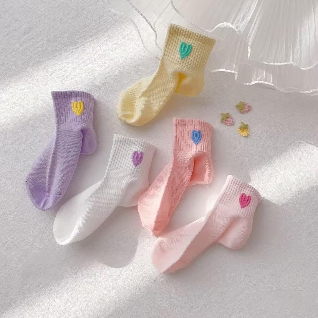 

5 Pairs Baby Socks Kids Mesh Sports Soft Comfortable Breathable Heart Pattern Kids Footwear Elasticity Resistant Athletic Socks M 1-4Y