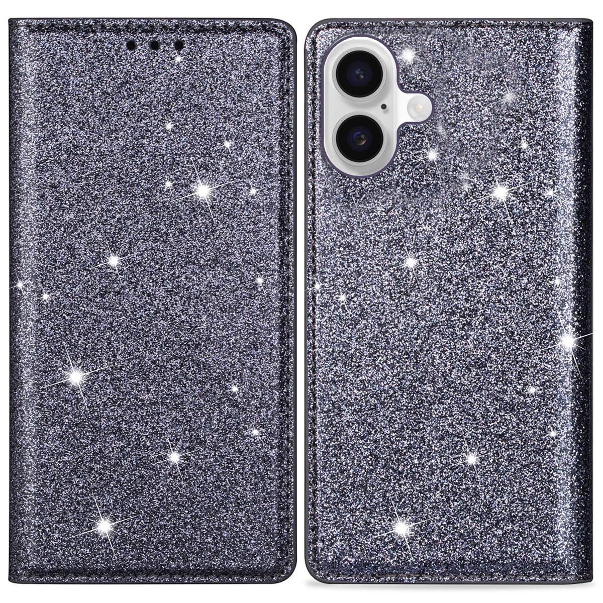 

For iPhone 16 Plus Case Glittery PU Leather+TPU Card Slot Phone Cover Grey