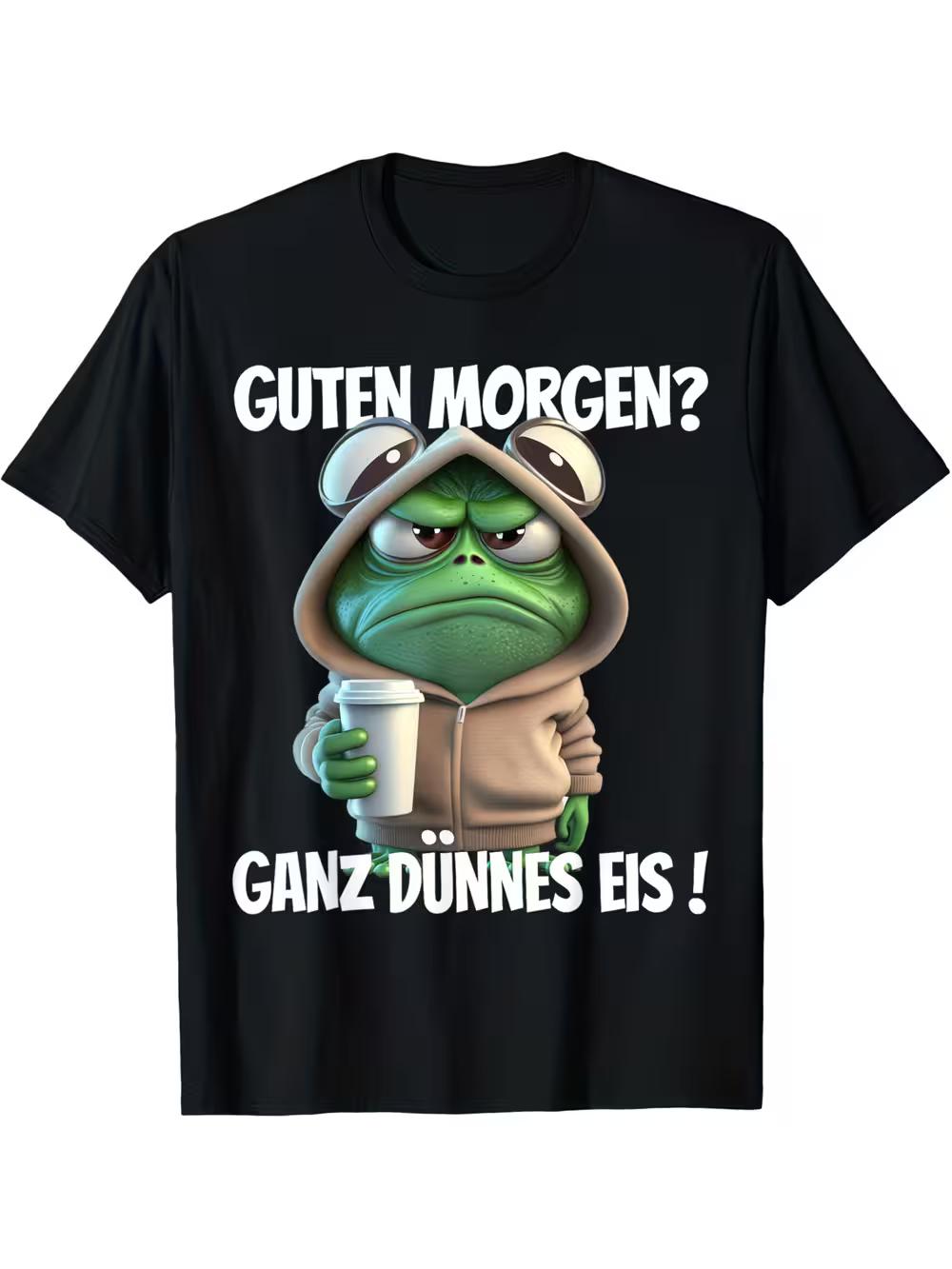 Funny German Phrase T-Shirt  Good Morning? The Ice is Thin!  with Green Frog Design & German Text - Casual Round Neck Tee for Men & Women XL