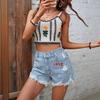 European & American Women's Fashion Embroidered High-Waisted Raw Edge Ripped Denim Shorts