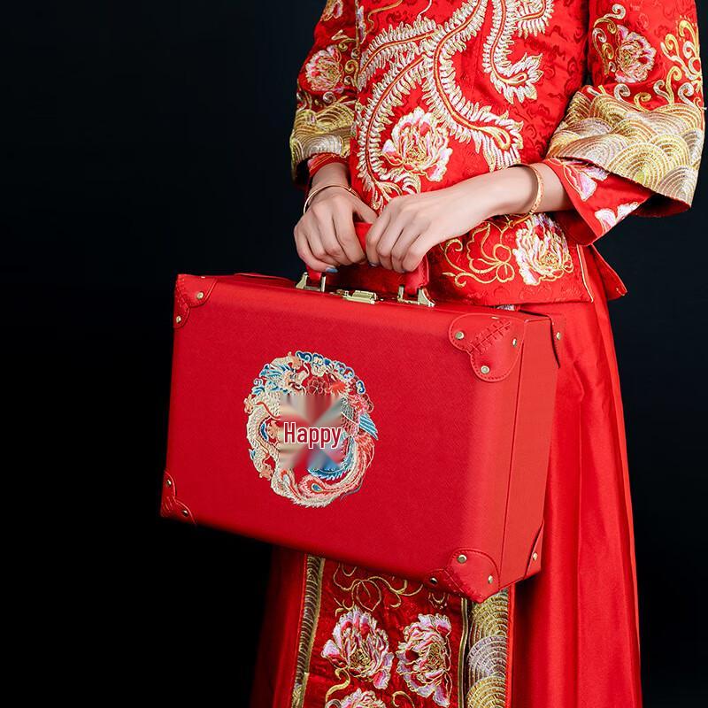 OEING 12-inch Red Wedding Dowry Jewelry Box with Dragon & Phoenix Embroidery