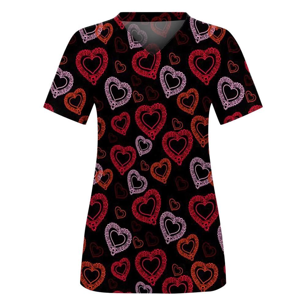 Nurse Uniform Love Heart Print Pocket V-Neck Nursing Scrubs Tops Workwear Women's T-shirts