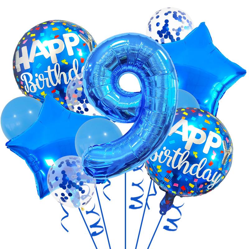 32-Inch Blue Digital Aluminum Film Balloon Set, First Birthday Party Decoration Atmosphere Arrangement