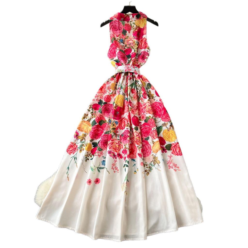 Early spring new dress women's niche elegant suit collar sleeveless waist single-breasted printed pendulum dress