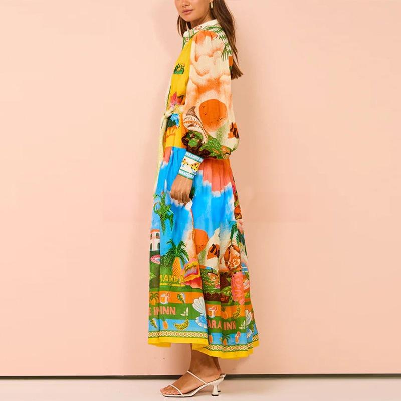 Women's Clothing, Printed, Lantern Sleeves, Waistband, Shirt Skirt, Waist Cinching, Dress