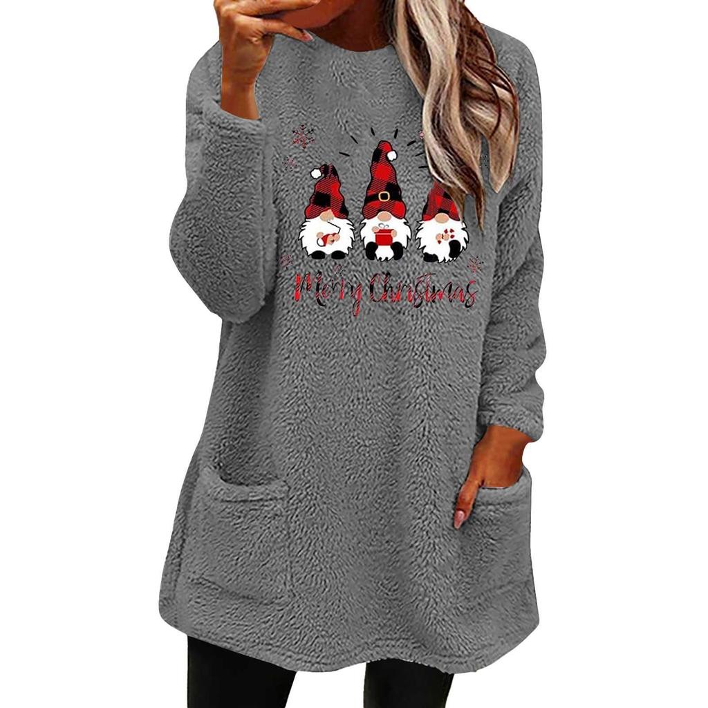 Women's Christmas Letter Print Round Neck Loose Long Sleeve Plush Hoodie