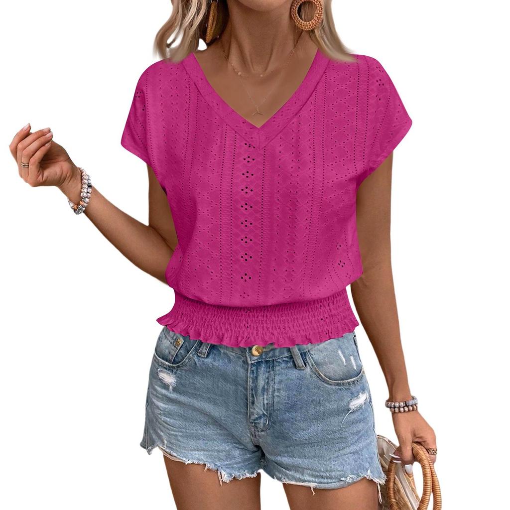 Women's Fashion V-neck Solid Color Hollow Short Sleeve Top T-shirt Summer