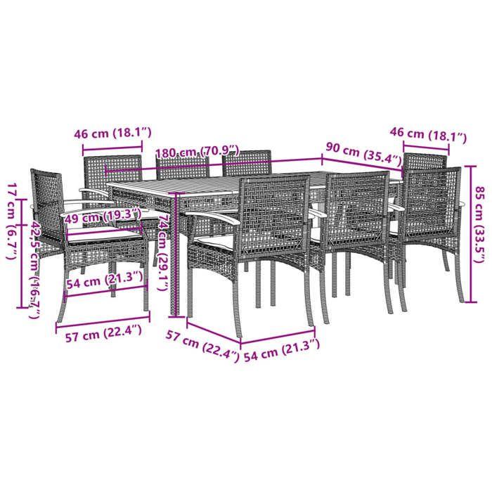 VidaXL Ensemble à Manger de Jardin avec Coussins 9 pcs, Table et Chaise de Terrasse, Meubles de Patio, Mobilier d'Extérieur, 3213583