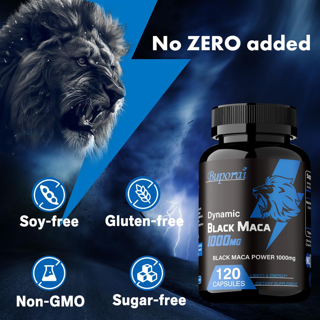 Černá maca kořen, 1000 mg, zvyšuje energii, poskytuje energetickou podporu, podporuje imunitní systém, veganský, vhodný pro dospělé.