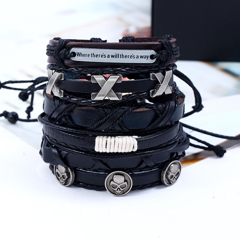 Handmade Metal Letter Cross Skull Bracelets Sets Multilayer Leather Bracelet for Men Women