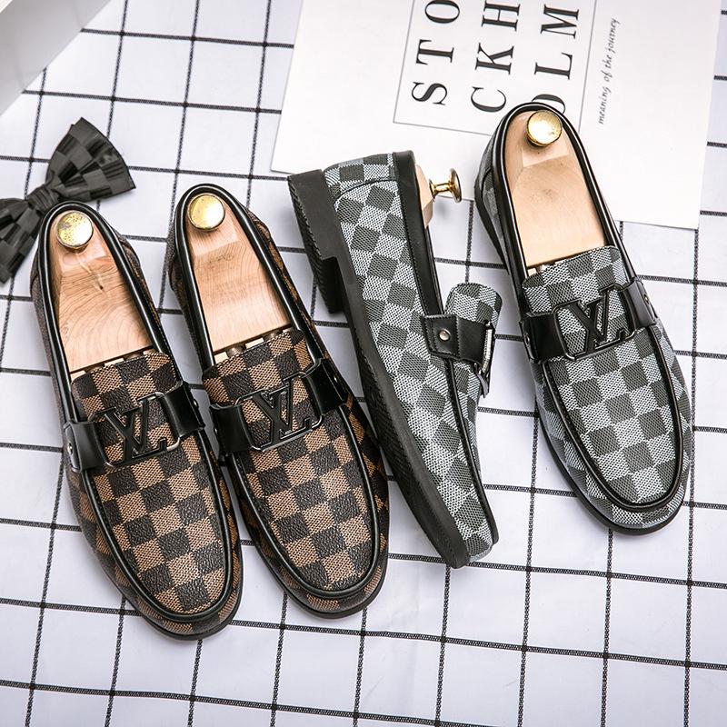 Large size men's loafers with one foot plaid casual shoes men's driving lazy shoes business dress leather shoes men