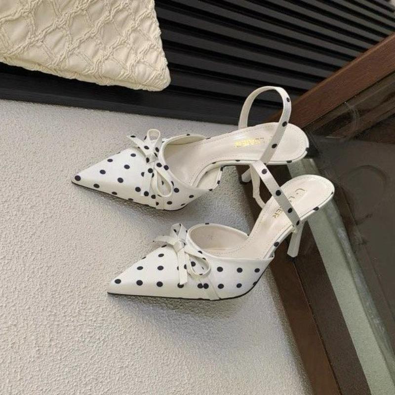 Shoes Women's Slippers Sweet Style Polka Dot Pointed High Heel Slippers Women Stiletto Heel with Bow Backless Baotou Sandals