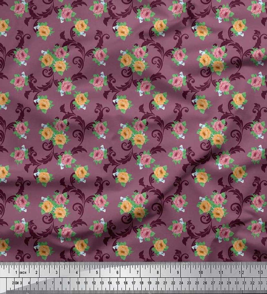 Soimoi Japan Crepe Satin Fabric Swirl,Leaves & Rose Floral Printed Fabric 1 Metre 42 Inch