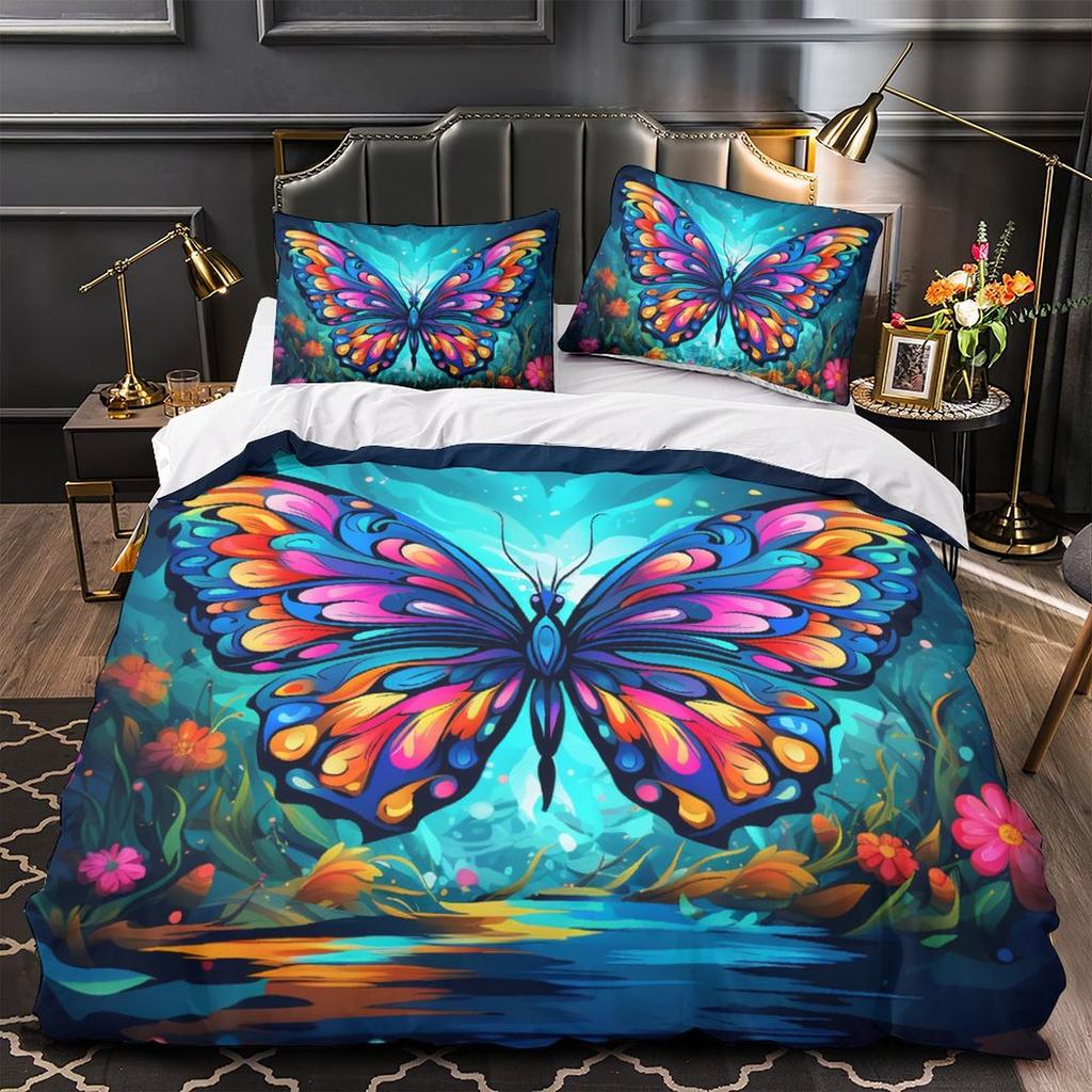 3D Colorful Butterfly Bedding Set Fashion Quick Drying Duvet Cover Pillow Case 2/3pcs Girl Kids Women's Soft Cover for Full Size Bed