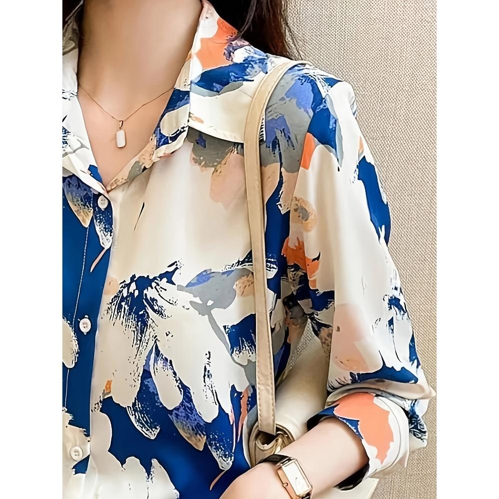 Women's Casual Vacation Style Full Print Long Sleeve Shirt, Spring and Autumn