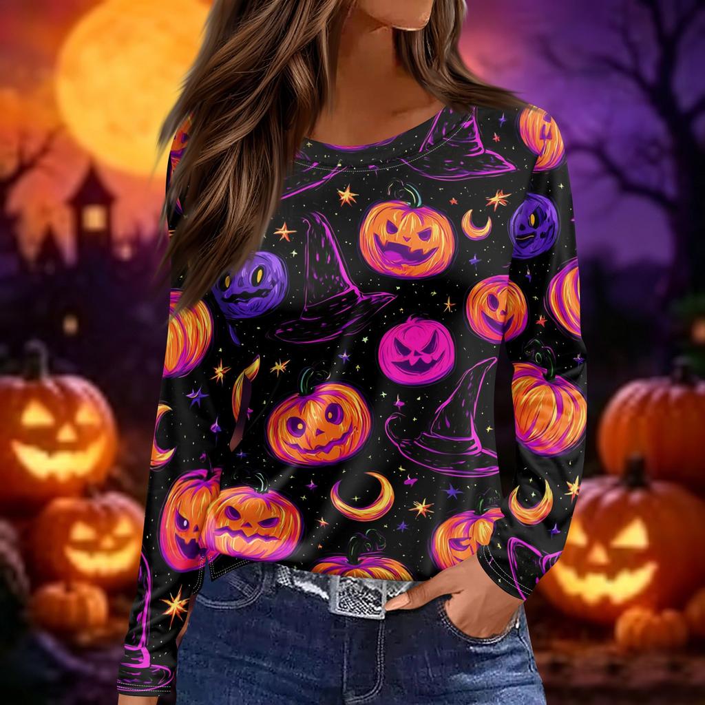 Women's Halloween Print Long Sleeve Top Crew Neck Split Hem Casual Pullover Shirt Lightweight Comfortable Fit