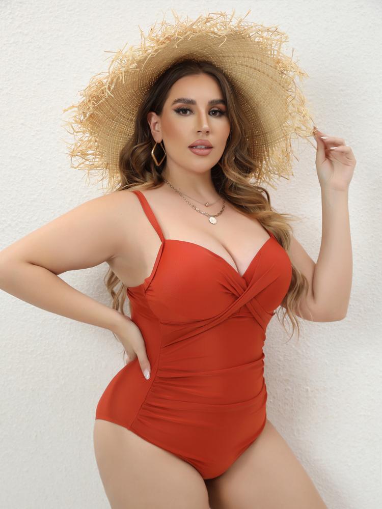 

2024 женский новый купальник цельный купальник плюс размер пуш-ап большой однотонный черный купальный костюм пляжная одежда купальные костюмы 4XL красный