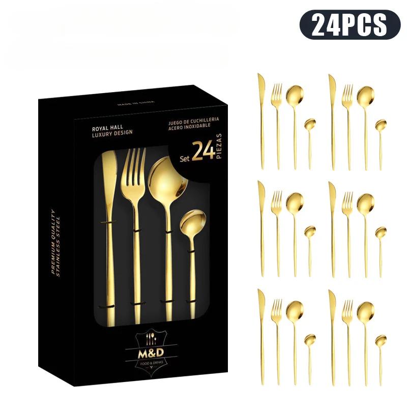

Набір столового посуду з нержавіючої сталі в європейському стилі, 24 предмети, з потовщеними ножем, виделкою, ложкою, західний срібний столовий посуд чорного золота золотий