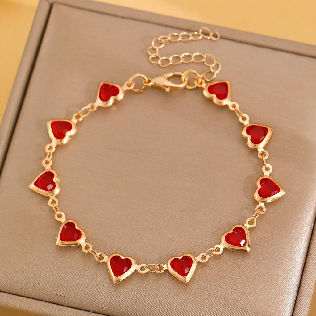 Elegant Red Crystal Zircon Metal Chain Women's Bracelet Red Heart-shaped Bracelet Party Wedding Girl Wrist Jewelry Gift