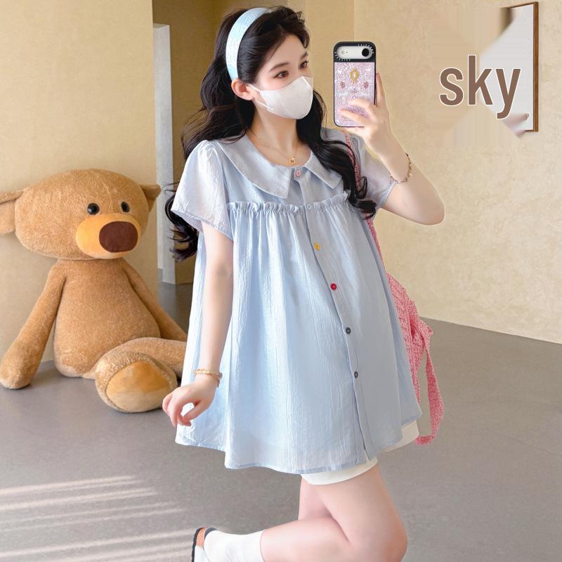 Korean-Style Petite Maternity Summer Set with Ruffle Doll Top & Belly Support Shorts