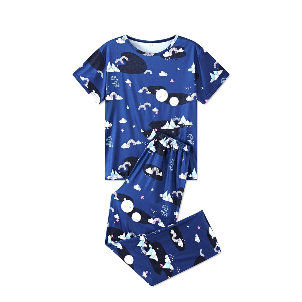 European and American Style Women's Fashion Spring Loungewear 2 Piece Short Sleeve Long Pants Pajamas Set Floral Print Homewear