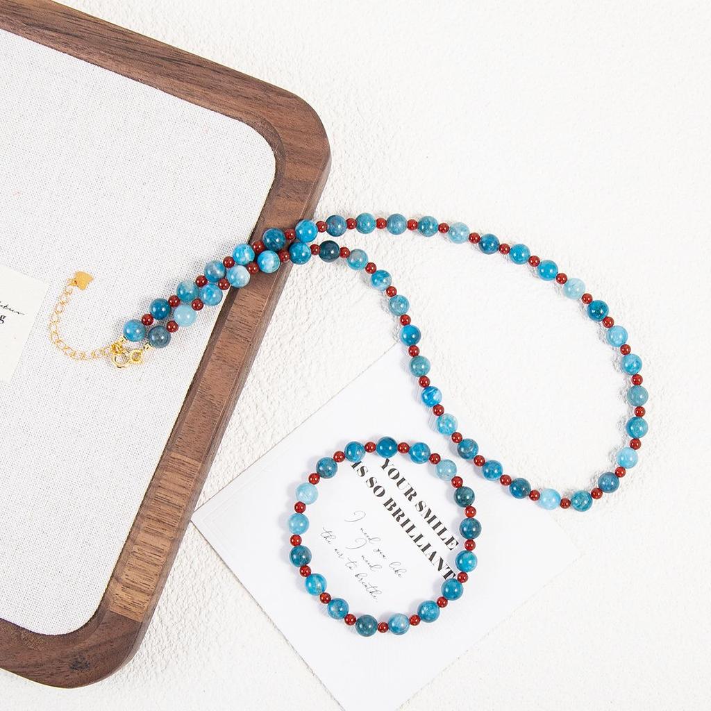 Blue Phosphorite & Garnet Sterling Silver Necklace & Bracelet Set - Elegant Natural Stone Jewelry for Women