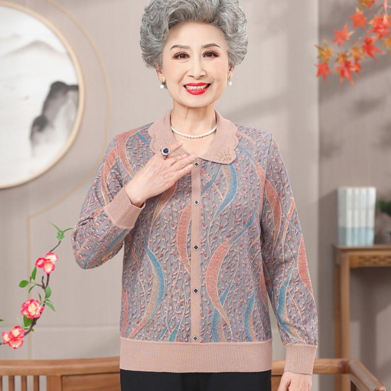 Grandma summer ice silk long-sleeved top medium and old new summer short-sleeved shirt mother lapel bottoming shirt