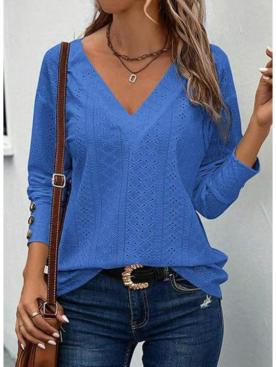 

Модная женская футболка с V-образным вырезом, ажурной вставкой и длинными рукавами S