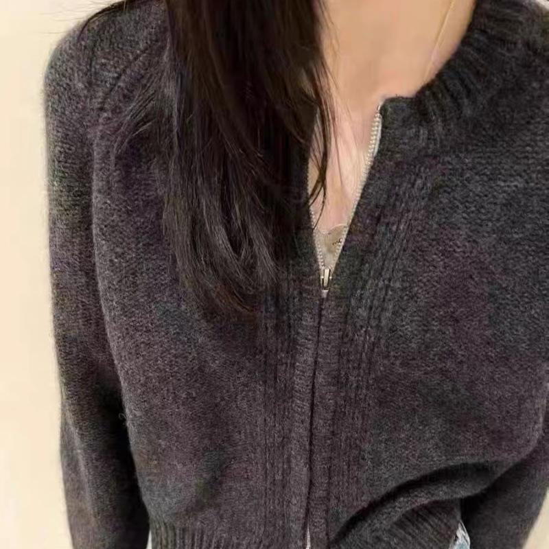 Women's Stylish Short Wool Knit Cardigan, Round Neck, Autumn Winter Cashmere Sweater Coat with Double Zipper.