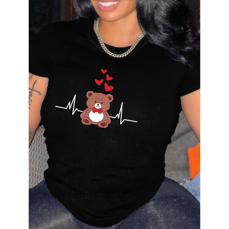 

European Size Women S Short Sleeve Heart Bear Print Round Neck Casual Elegant Romantic Summer T-Shirt | Fashion Commuting Vacation Daily Casual Top 4XL