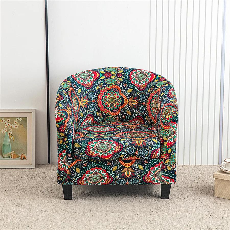 Spandex Tub Chair Cover Flower Print Club Armchair Slipcover Elastic Washable Seat Case Protector for Living Room Home Decor