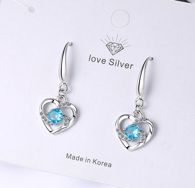 Fashion Female Earrings  Sterling SIlver Love Heart Shaped Pink CZ Zircon Earrings for Women Girls Pendientes Oorbellen