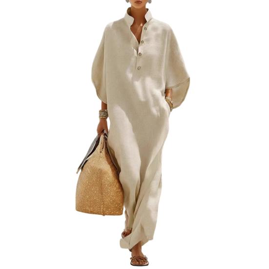 Summer Stand Collar Maxi Dress for Women Half Sleeve Button Up XXXL бежевый