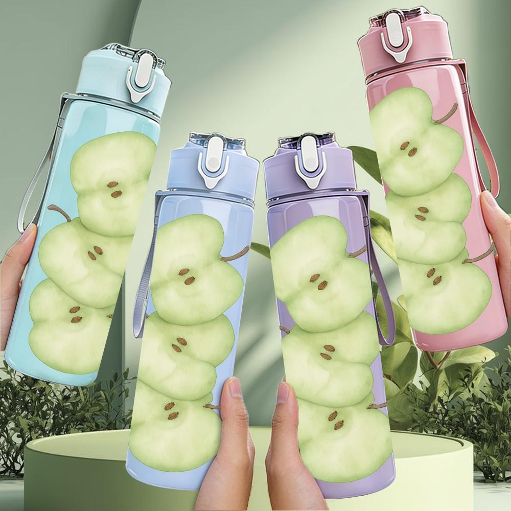 1PC Stacked Green Apple Fruit Print 750ml Color Plastic Sports Water Bottle Leakproof Flip Straw Lid For Sports Office Home Use