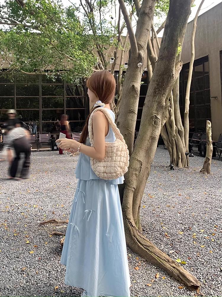 Women's Summer Two-Piece: 3D Bow Vest & High Waist A-Line Midi Skirt
