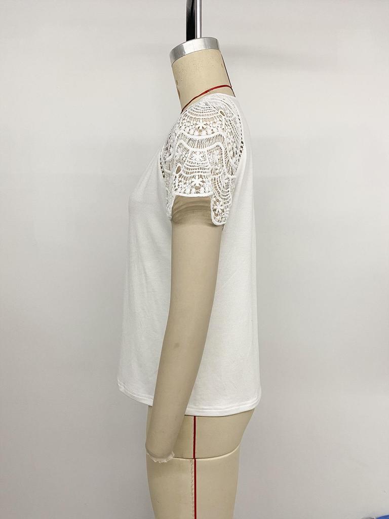 European and American Lace Stitching V-Neck Short Sleeve Top - 2026 Summer Women's Casual Loose T-shirt