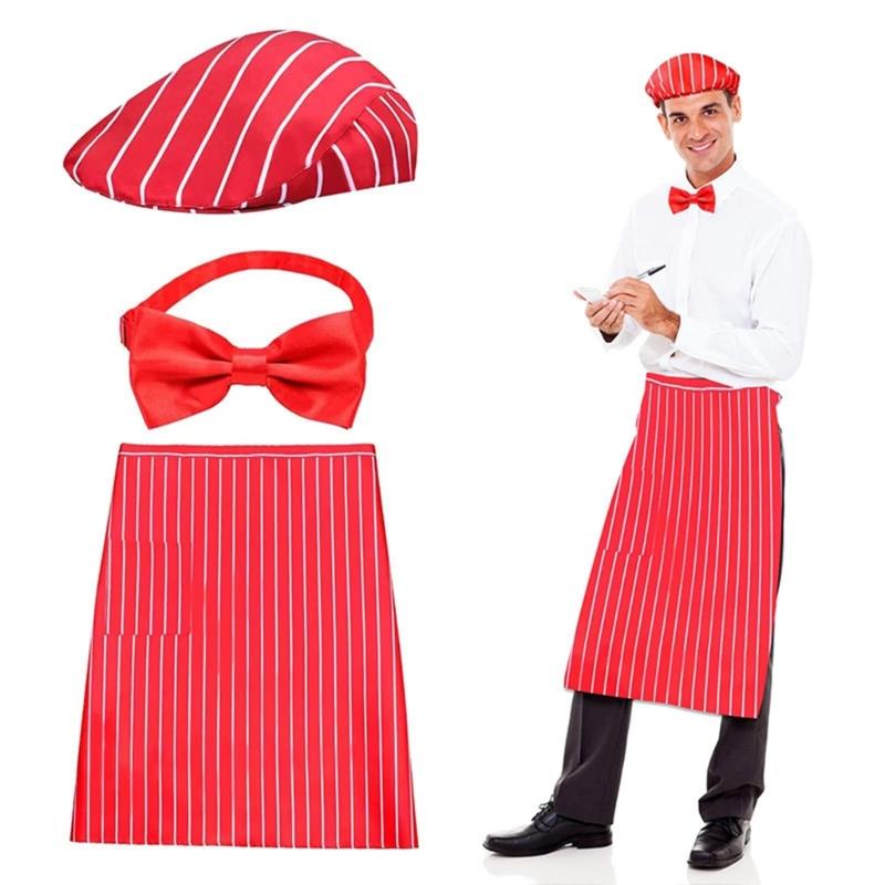 1950s Adult Waiter Costume Kits Waitress Costume Carnivals Hot Dogs Sodas Jerk Costumes with Stripe Apron,Caps Bowtie