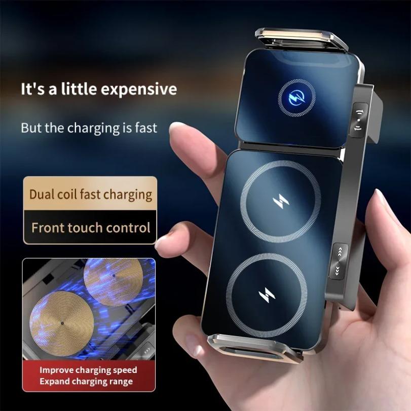 Dual Coil Fold Screen Car Wireless Charger Station For Samsung Galaxy Z Fold 6 5 4 3 iPhone 16~12 Pro Max Fast Charging Stand