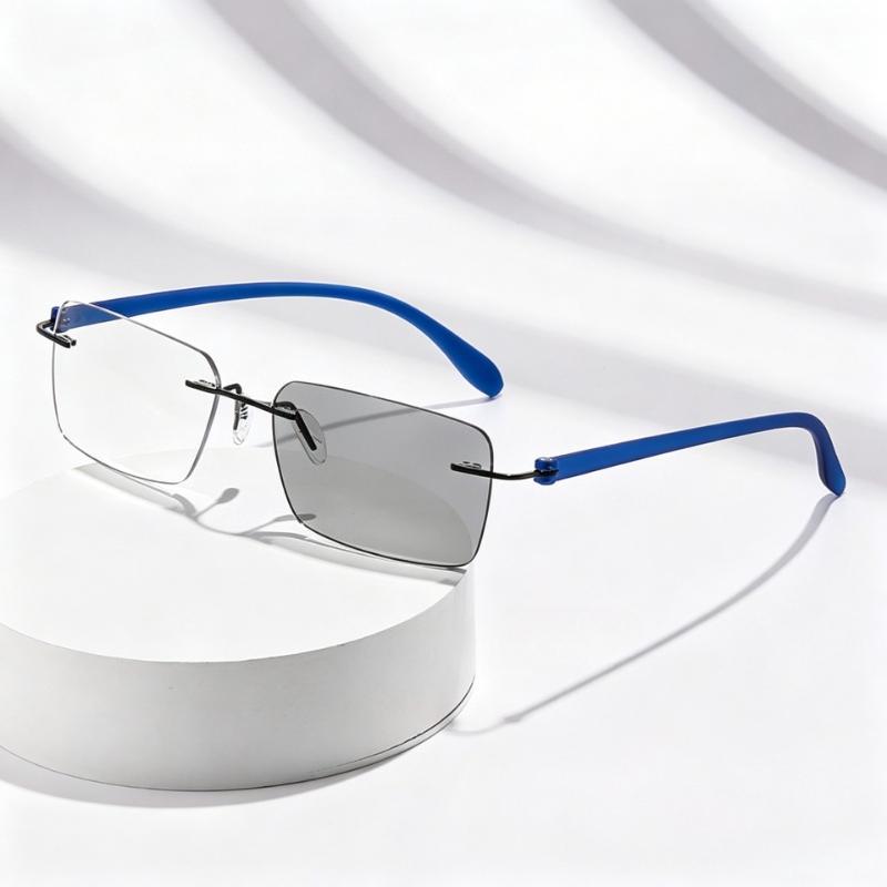 Luxury Metal Frameless Photochromic Reading Glasses Fashionably Lightweight Business Blue Light Blocking Eyewear 0 To +4.0