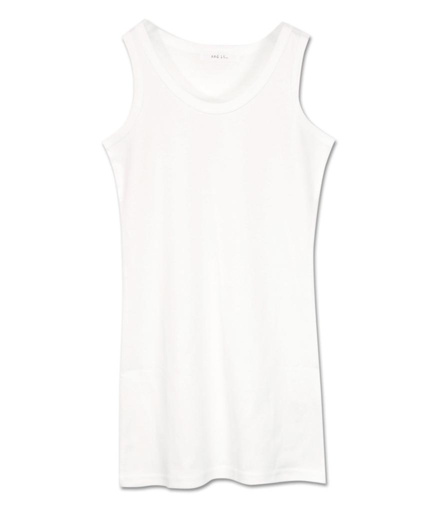 Andit Long Collar Tank Made in Rib Plus Long Length Top, Japan, 100% Cotton, Knit, Layering, Spring/Summer, Size, 201. White, Medium,
