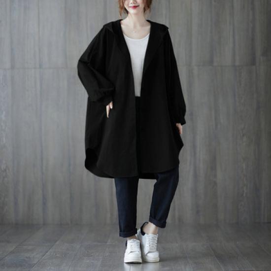 2025 Autumn New Loose Plus Size Hooded Mid-Length Casual Shirt Jacket for Women